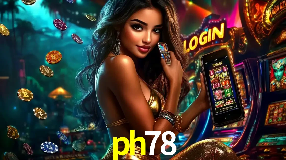 Mulher em um cenário de cassino temático de aventura, mostrando o app de caça-níqueis da ph78 no celular. Fichas de apostas flutuam ao redor.